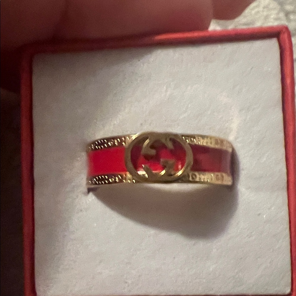 Fashion Jewelry Red Enamel Ring with Gold-Tone Interlock Accent